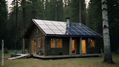 a small log cabin with a solar array on top of the roof © Wirestock