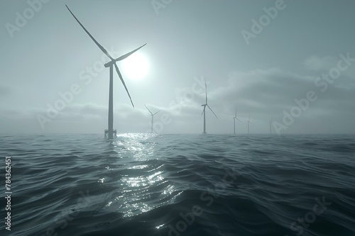 AI generated illustration of Several wind turbines on a vast ocean