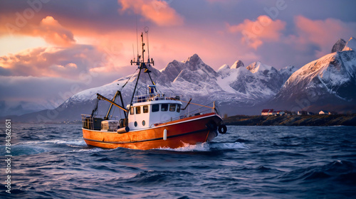 Fishing ship boat on Norway sea water, Scandinavian snowy ice mountains landscape, Nordic island winter ocean adventure. North tourism journey, Sweden arctic transport sunset photo