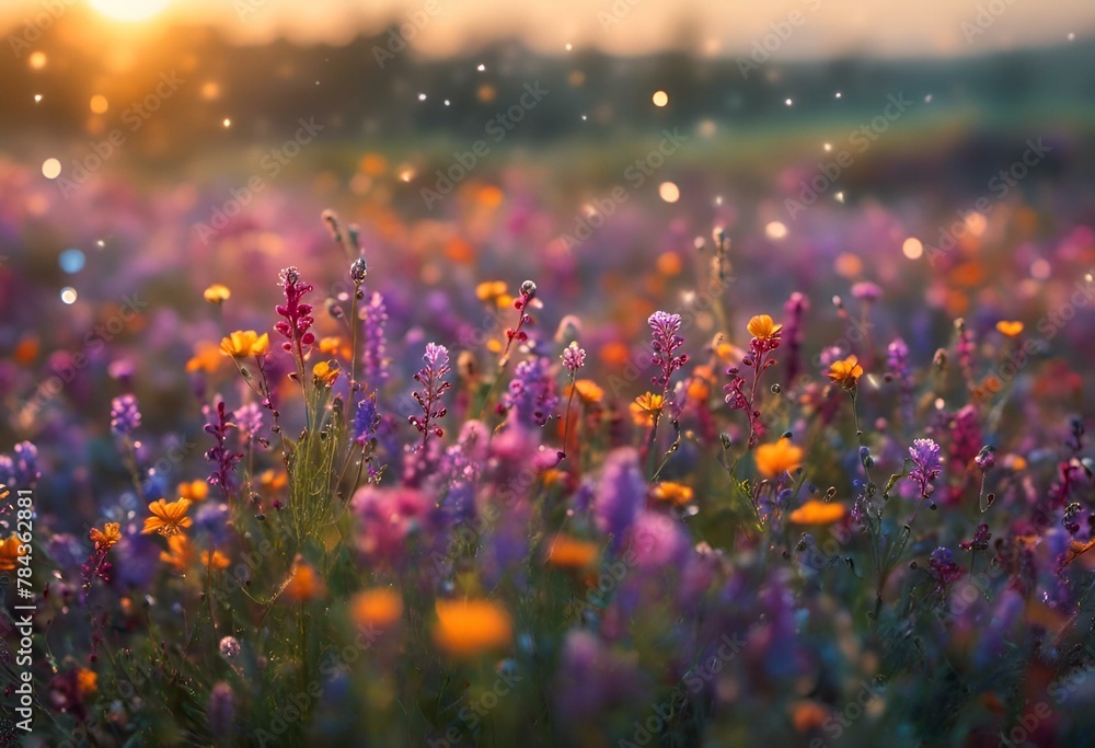 A beautiful meadow of colorful flowers under the warm sunlight.