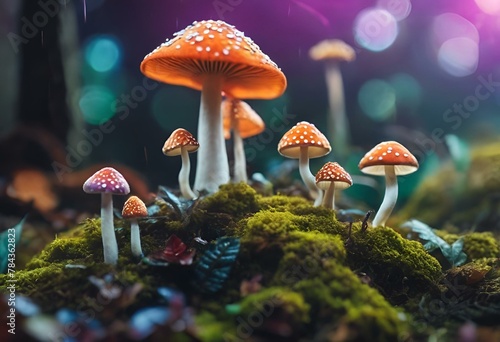 AI generated illustration of mushrooms on mossy green field in forest photo
