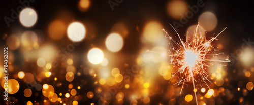 happy new year, sylvester, New Year's Eve 2024 2025 party event celebration holiday greeting card - Closeup of sparkling sparklers and bokeh lights in the background