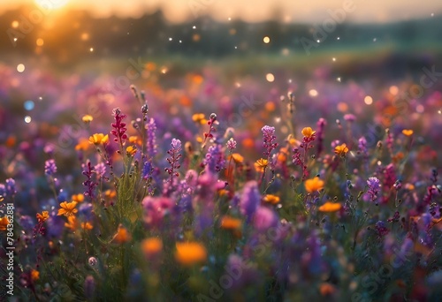 A beautiful meadow of colorful flowers under the warm sunlight.