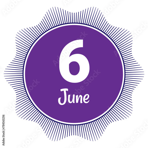 6 June, Date template. Useful design for calendar or event promotion. Vector illustration EPS 10 File. Isolated on white background. 