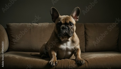 A French Bulldog (frenchie) sits on the couch for a photo