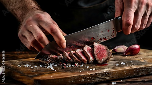 chef hands Slicing juicy beef steak by knife , closeup. Food cooking concept. Dark black background copy space.
