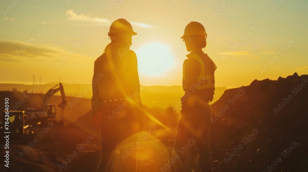 Obraz premium Silhouette of Engineer and worker checking project at building site background,