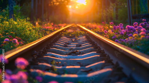 Sunset landscape of railway surrounded by flowers. Nature sunrise, train travel and transport, summer tourism, rural spring field with grass