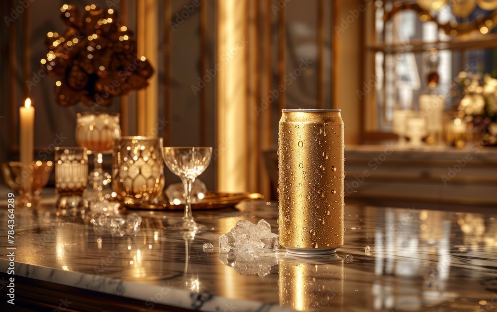 An elegant gold 500ml drink can with a sophisticated label, exuding luxury and refinement