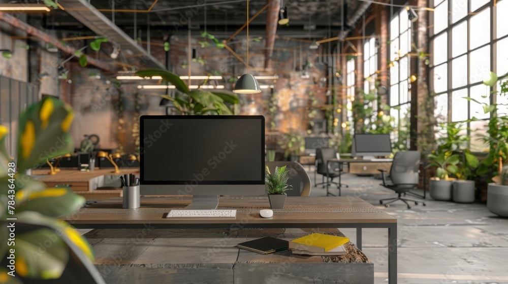 Computer generated image of an office interior. Modern office desks with plants.