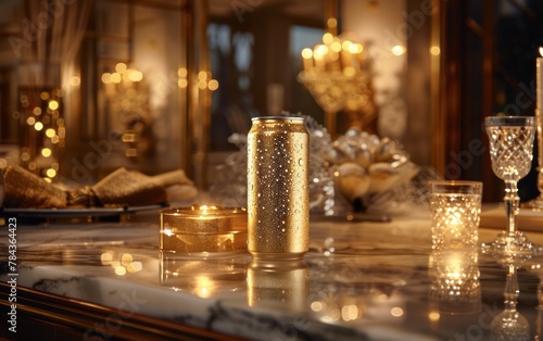 An elegant gold 500ml drink can with a sophisticated label, exuding luxury and refinement