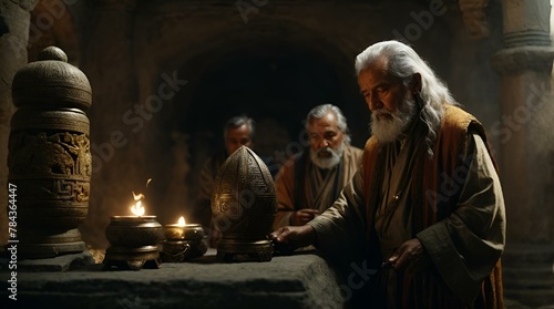 an old man standing around some urinals holding candles