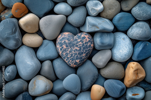 Heart shaped multicolored rock resting on pile of pebble rocks macro nature wallpaper background