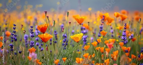 Vibrant flower fields in a minimalistic composition, offering a burst of color against a serene backdrop