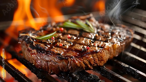 Grilled beefsteak on a BBQ with fire, closeup, juicy, isolated