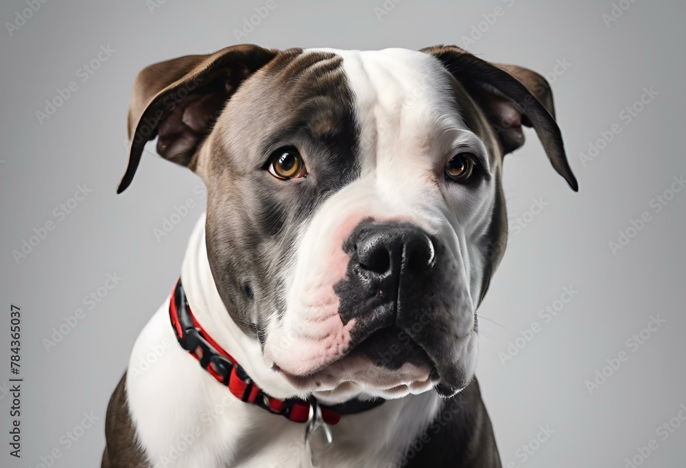 brown and white pit dog in red collar looking at the camera