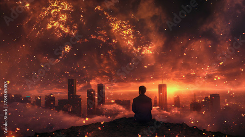 Businessman sitting on a hill, watching end of the world apocalypse. Armageddon destruction and explosion, fire meteorites sky, dramatic cataclysm, destroyed city buildings.Fiction dystopia,copy space