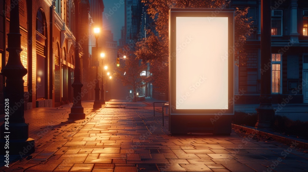 Fototapeta premium A mockup of vertical advertising banner or billboard stand is positioned on a city sidewalk at night, advertising, marketing, and urban design applications