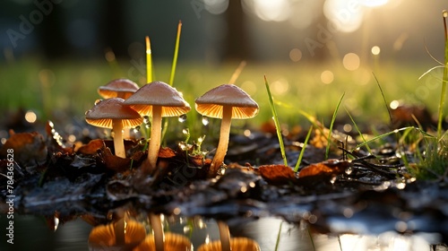 AI generated illustration of a close-up of mushrooms by the water in grass