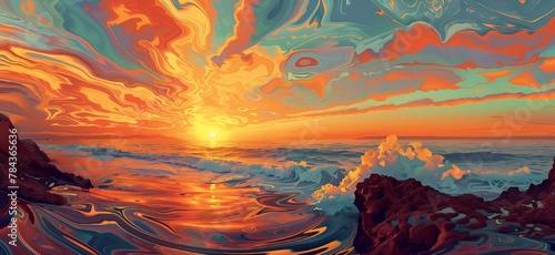 AI generated illustration of a stunning sunset reflecting on the water's surface