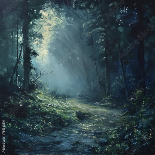 AI generated illustration of an oil painting of a mysterious forest with a winding path