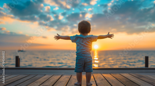 Rearview of a little toddler boy with spread arms walking on a wooden deck towards the sunset over the sea or ocean water. Child happiness, infant kid at summer holiday or vacation alone photo