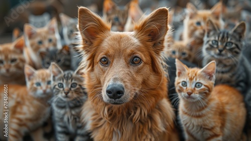 With many curious cats in the background, a wide-eyed dog poses for a photosession, a charming portrayal of domestic animal camaraderie photo