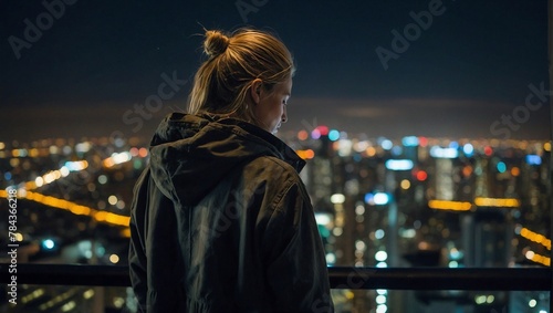 a woman looking over a city at night from the top of a building