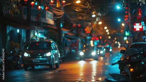 Bokeh from street lights, cars and motorbikes at night. Bali island bokeh. Asia.