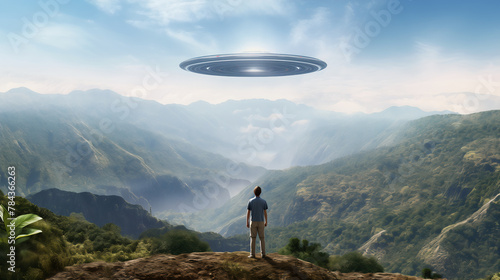 AI-generated illustration of A man standing on a hilltop watching a vivid flying saucer UFO