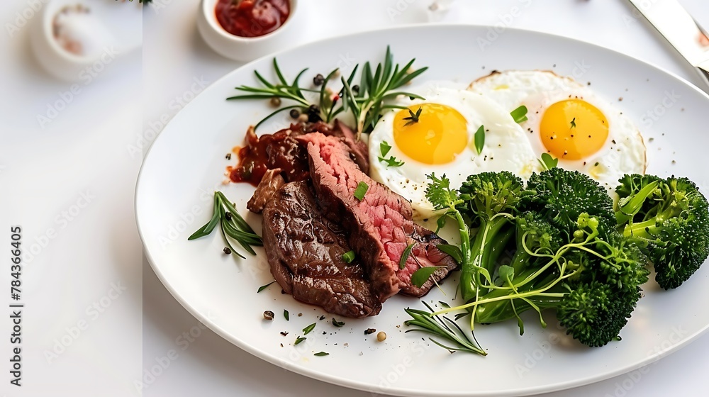 a white plate topped with steak and eggs next to broccoli. isolated on white a white plate topped with steak and eggs next to broccoli. isolated on white
