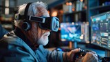 An elderly man immersed in a computer game with virtual glasses on in a computer room, embodying the concept of ageless youth and modern hobbies.