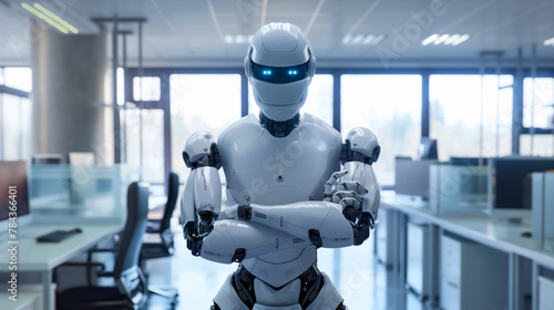 Robot AI artificial intelligence standing in modern office interior with arms crossed. Android cyborg humanoid corporate company worker, workforce candidates, job applicants selection for a service photo