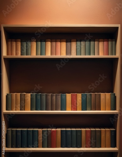 An organized bookshelf displays a collection of vintage books in warm tones, exuding a sense of history and knowledge.