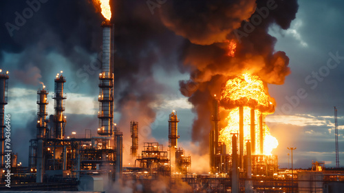 Big flame of fire and black smoke  explosion in an industrial oil refinery factory building. Petroleum gas pollution  petrochemical hazardous accident  emergency disaster conflagration