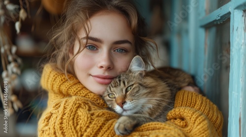 Styled with sophistication in a knitted sweater, a lady shares a delightful moment with a cute cat. Expressive eyes and a touch of glamour define the allure of this portrait.