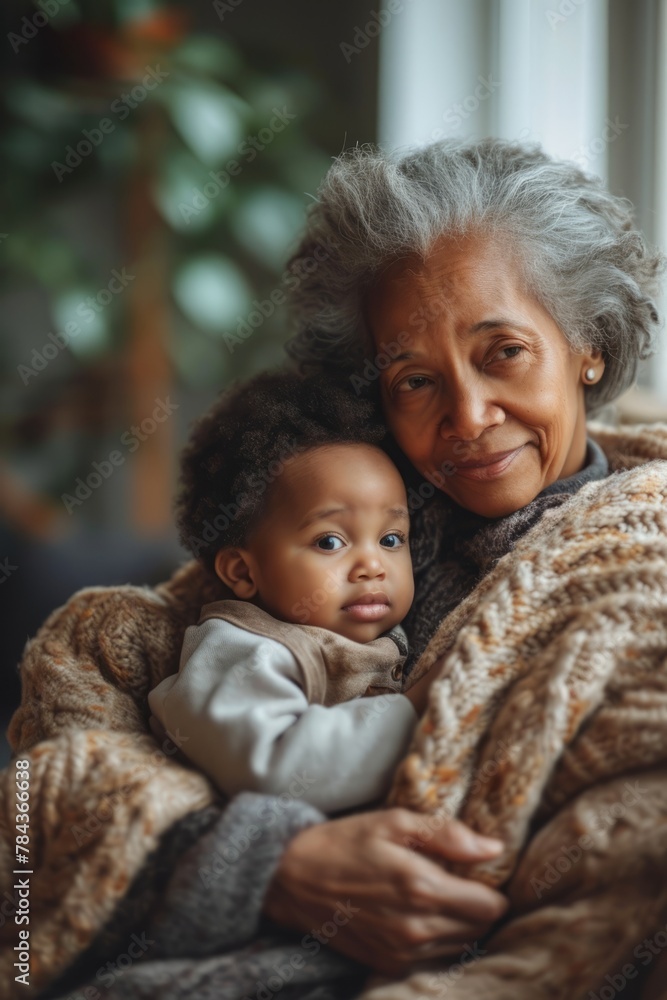 The younger generation brings joy to the woman, who enjoys the cozy setting. The younger generation brings joy to the woman, who enjoys the cozy setting.