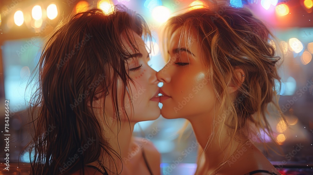 Two young women share a passionate kiss, their love captured in an intimate photo symbolizing an unyielding torrent of same-sex love and feelings. Two young women share a passionate kiss, their love captured in an intimate photo symbolizing an unyielding torrent of same-sex love and feelings.