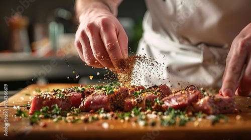 Fototapeta Naklejka Na Ścianę i Meble -  The chef adds seasonings with dried herbs and sprinkles into the meat. Placed on a wooden board in a restaurant kitchen.
