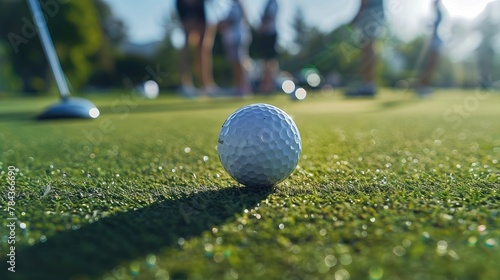 A golf ball lies on the green grass of a golf course. Surrounded by sports equipment