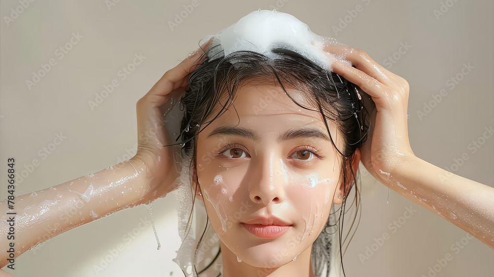 Fototapeta premium AI Generative girl model cleaning her hair. High resolution portrait of an asian model shampooing and cleansing her hair.