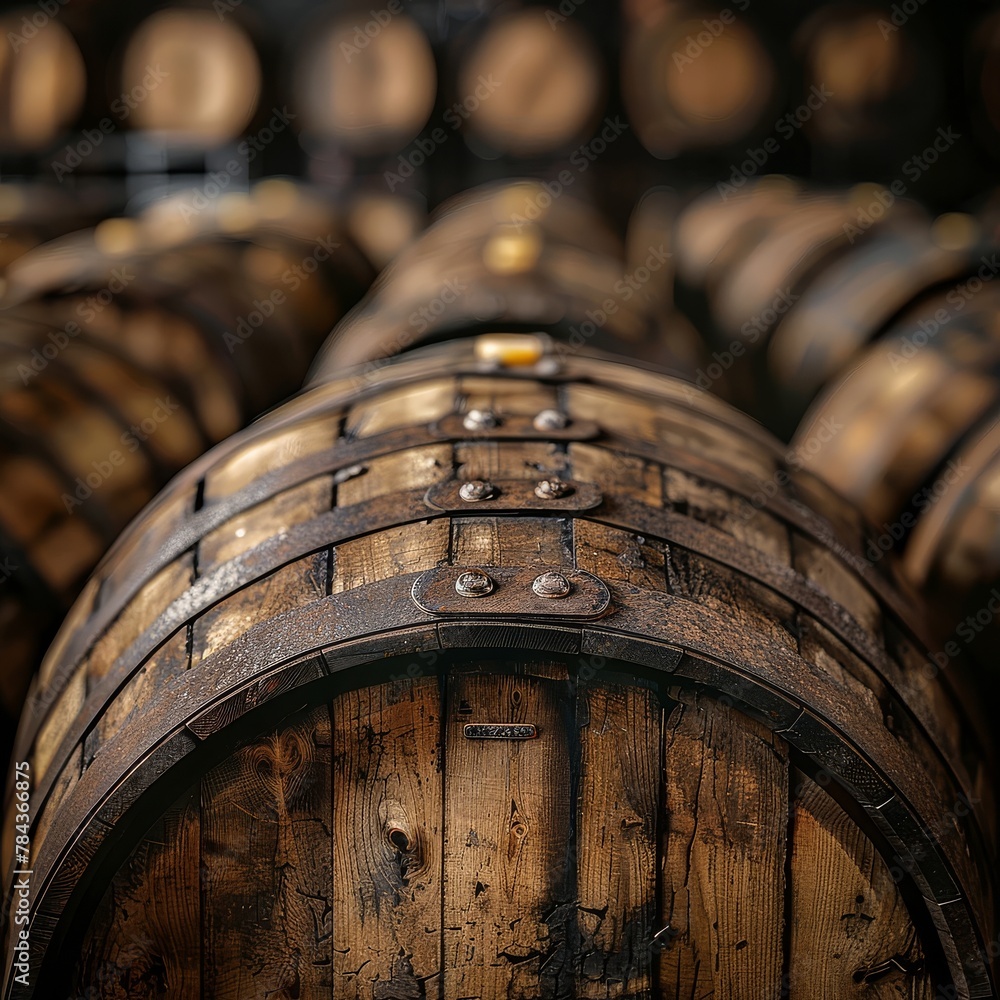 A row of barrels with a metal bolt on top. The barrels are wooden and appear to be aged A row of barrels with a metal bolt on top. The barrels are wooden and appear to be aged
