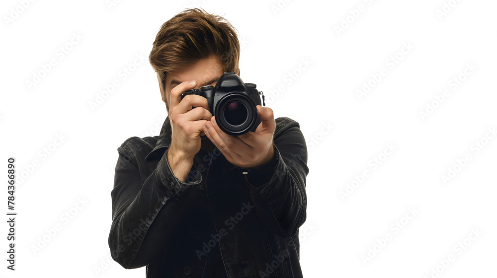 Photographer holding a digital camera, taking a photo, isolated on transparent background. Professional equipment, young man taking a picture, journalist business or hobby Photographer holding a digital camera, taking a photo, isolated on transparent background. Professional equipment, young man taking a picture, journalist business or hobby