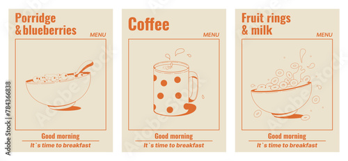 A set of menu covers, posters with food: porridge or muesli with berries, a mug of coffee, crispy grain rings with milk. Monochrome palette. A delicious and healthy breakfast. Vector illustration.