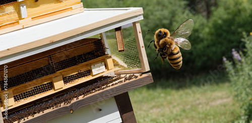 Close-up of bees flying back to the hive, yellow bee house