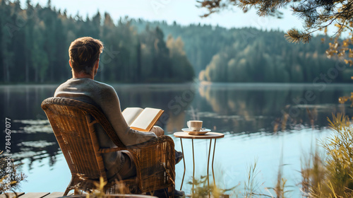 Rearview of a man sitting in a chair and reading a book near the lake water in a sunny summer morning. Outdoor calm relaxation on a vacation, enjoy holiday, copy space, coffee on the table photo