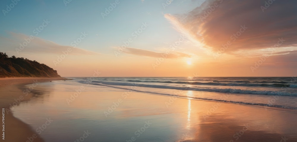 Dawn's first light breaks the horizon, bathing a deserted beach and its gentle surf in a soft, golden radiance.