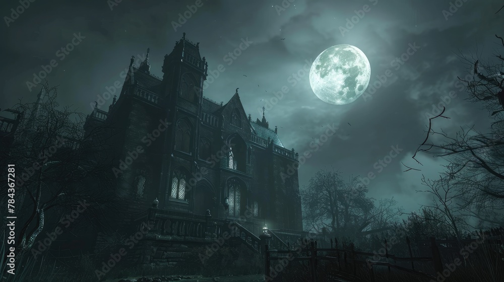 A hauntingly beautiful Gothic mansion sits in eerie silence. With a bright full moon