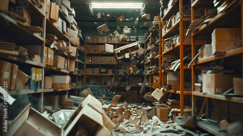 Nobody in empty warehouse, boxes and packages falling from shelves in a dirty and messy room interior, chaos indoors, goods commercial supply and distribution, large inventory with racks