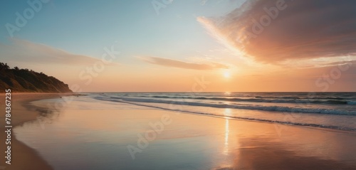 Dawn s first light breaks the horizon  bathing a deserted beach and its gentle surf in a soft  golden radiance.